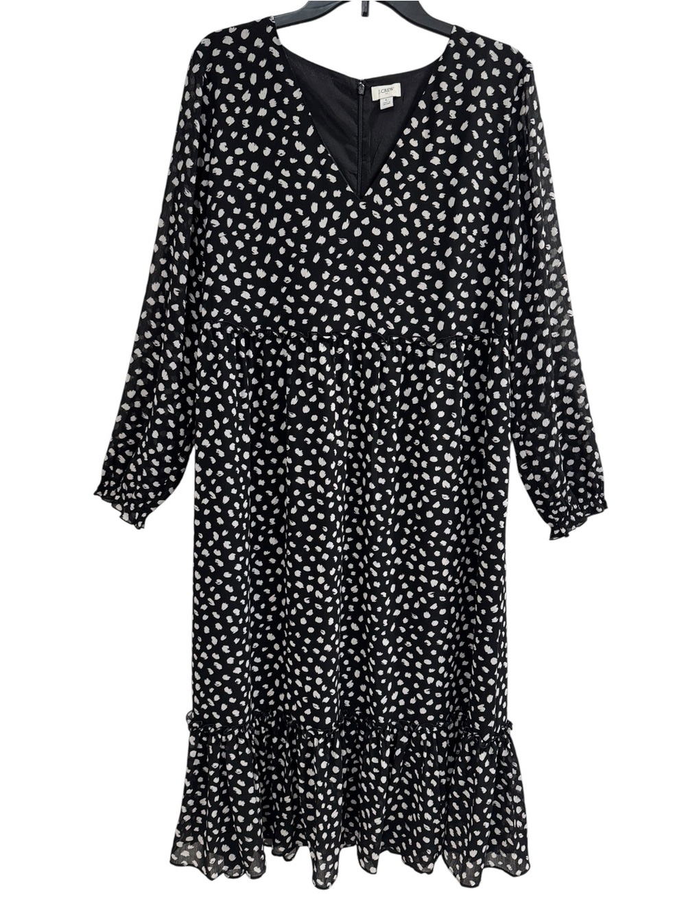 Crew Black & White Polka Dot Chiffon Midi Long Sleeve Tiered Ruffle Dress L - Picture 3 of 15